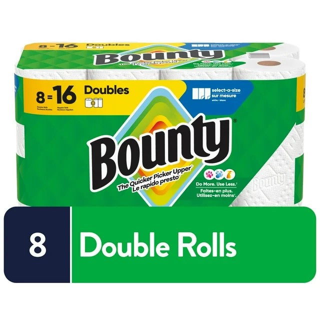 Bounty Paper Towels 8 Double Rolls = 16 Regular Rolls