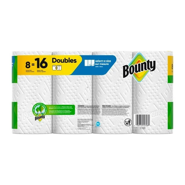 Bounty Paper Towels 8 Double Rolls = 16 Regular Rolls