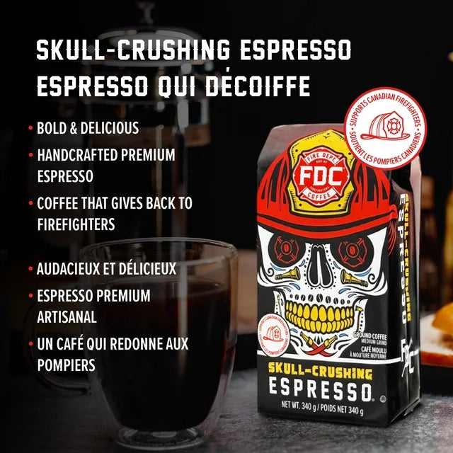 Fire Department Coffee Skull-Crushing Espresso Dark Roast Ground Coffee, 340 g
